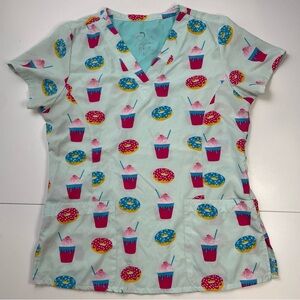 Maevn blue donut print V-neck short sleeve scrub top size S
